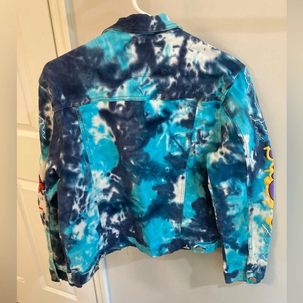 Cooper 9 Los Angeles tie dye denim jacket button up w/ graffiti sleeve design S